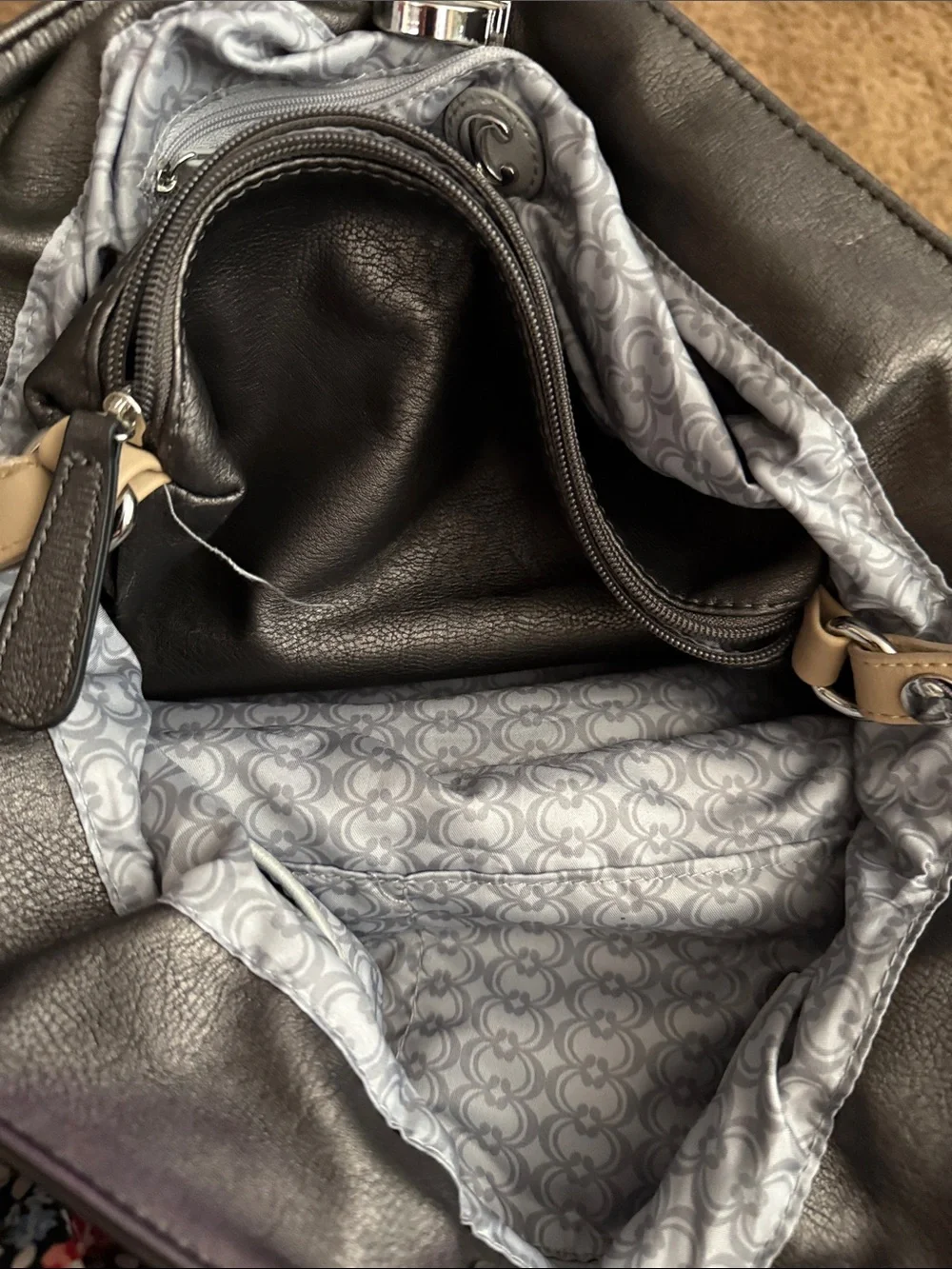 Classic Black Leather Satchel with Cream Handles